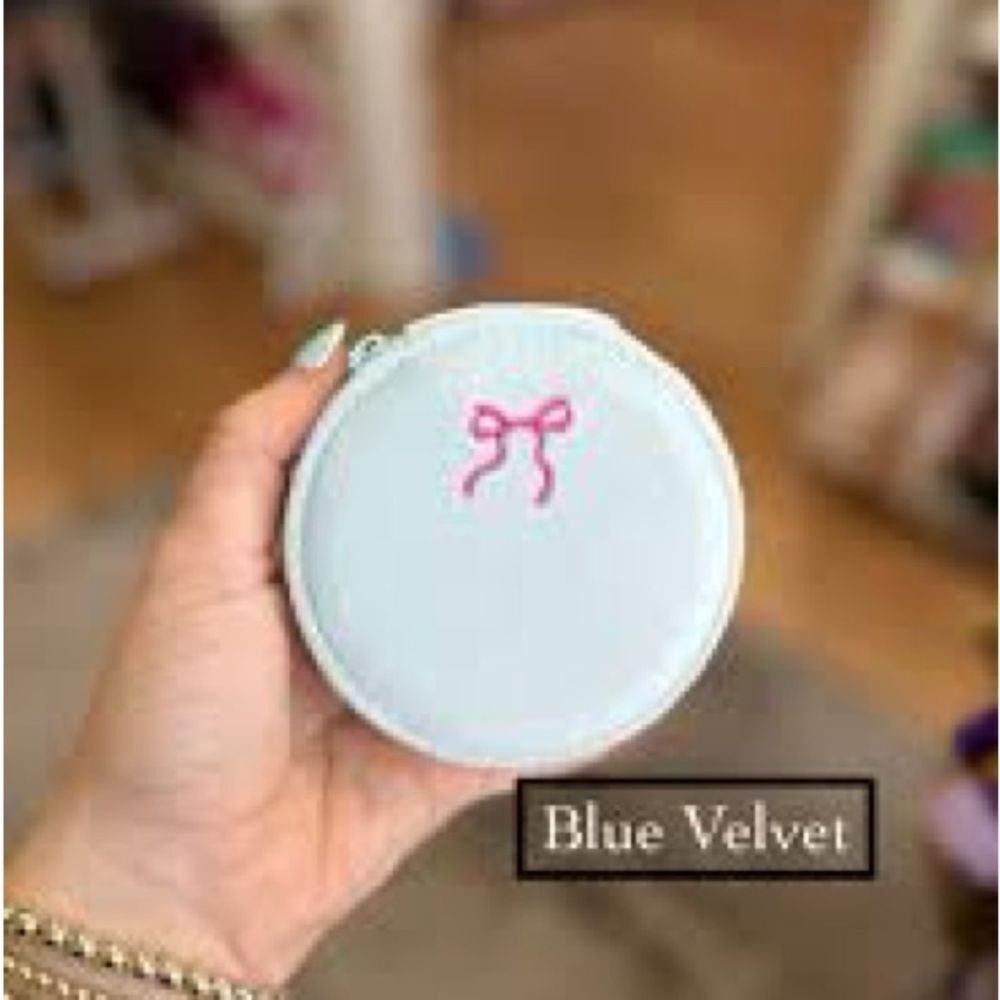 New Round Blue Pastel Velvet Pill Case - Pink Bow Accent